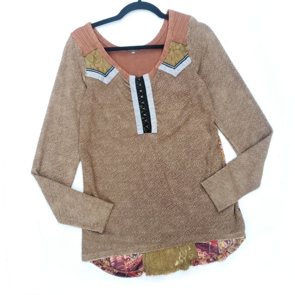 Gimmicks BKE Tan Patterned Back Lace Detail Top